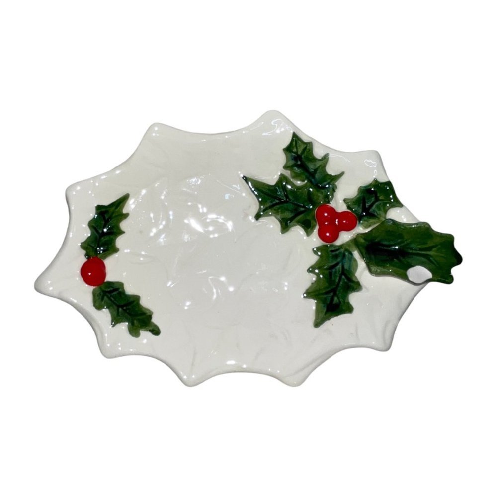 Lefton Vintage 1970/71 #6056 Vintage Holly Christmas Candy Relish Dish Tray